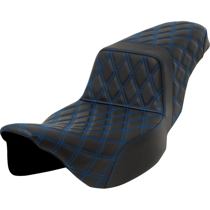 SADDLEMEN Step-Up Seat – Lattice Stitch – Blue Stitch – Extended Reach – FLH/FLT ’08-’23 A808-07E-175BLU