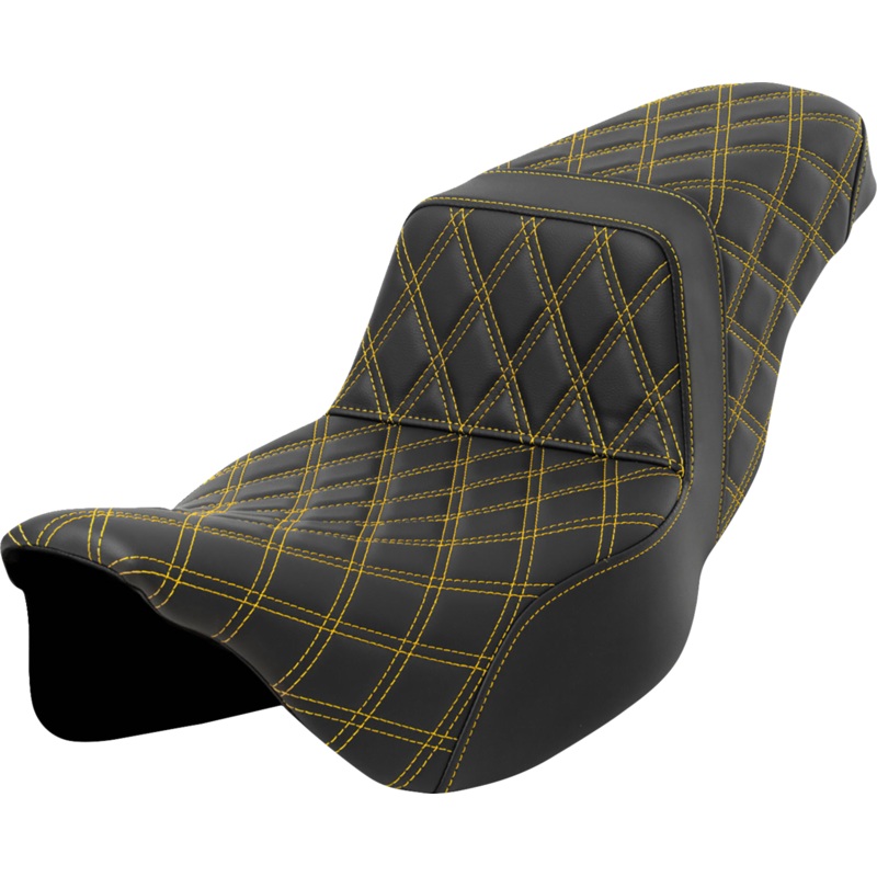 SADDLEMEN Step-Up Seat – Lattice Stitch – Gold Stitch – Extended Reach – FLH/FLT ’08-’23 A808-07E-175GOL