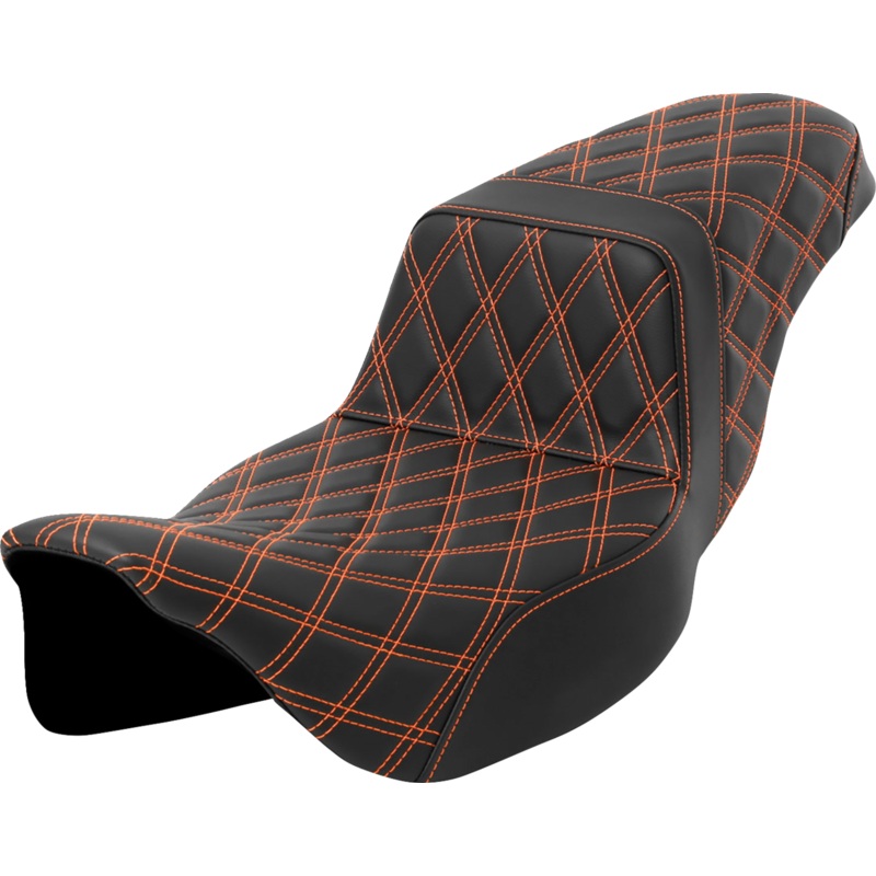 SADDLEMEN Step-Up Seat – Lattice Stitch – Orange Stitch – Extended Reach – FLH/FLT ’08-’23 A808-07E-175ORA