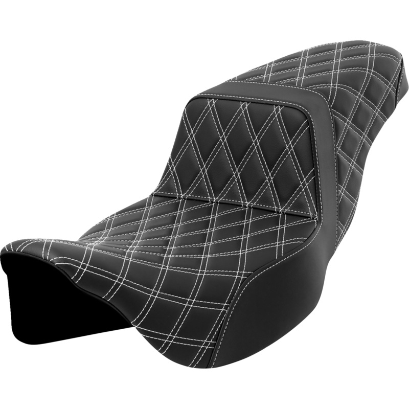 SADDLEMEN Step-Up Seat – Lattice Stitch – White Stitch – Extended Reach – FLH/FLT ’08-’23 A808-07E-175WHI