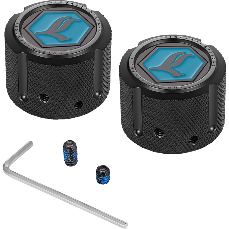 FIGURATI DESIGNS Axle Nut Cover – Front – Stainless Steel – Legends Suspension Logo – Black FD02-FAC-BLK