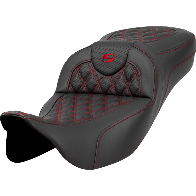 SADDLEMEN Extended Reach Roadsofa* Seat – Lattice Stitch – Red Stitch – without Backrest – FL ’08-’23 A808-07B-184RED