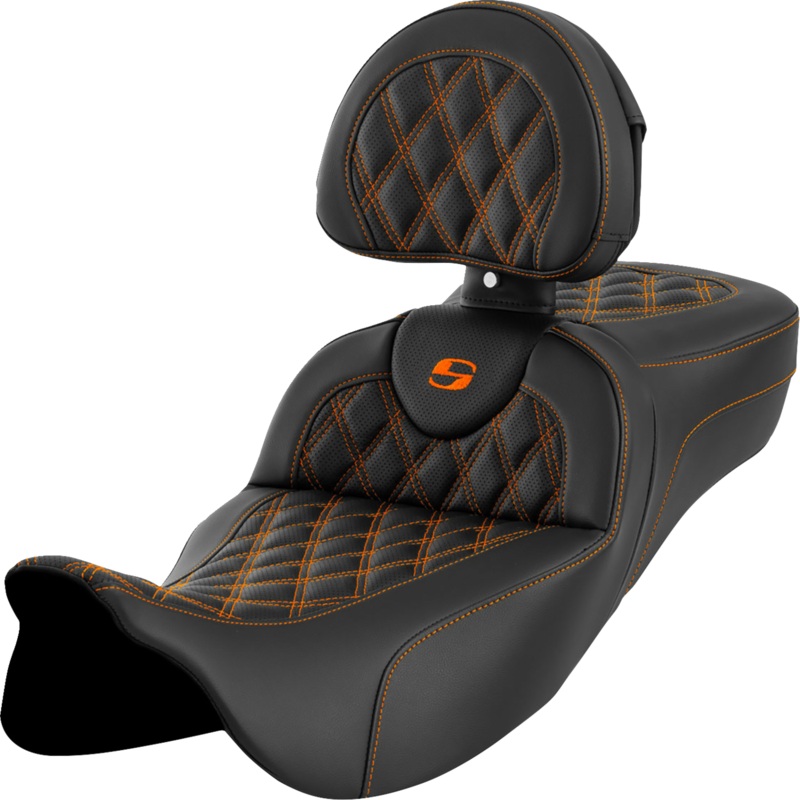 SADDLEMEN Roadsofa* Extended Reach Seat – Lattice Stitch – Orange Stitch – with Backrest – FL ’08-’23 A808-07R-184ORA