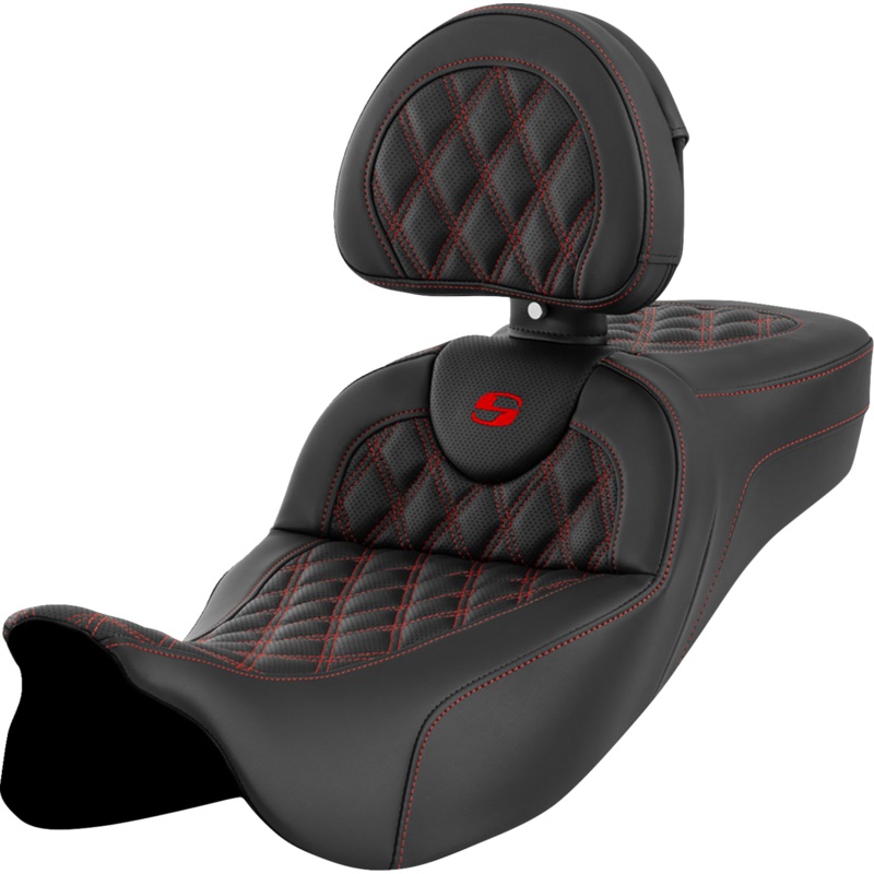 SADDLEMEN Roadsofa* Extended Reach Seat – Lattice Stitch – Red Stitch – with Backrest – FL ’08-’23 A808-07R-184RED