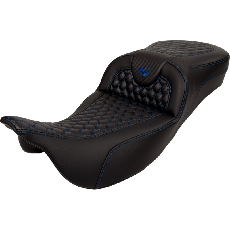 SADDLEMEN RoadSofa* Seat – Honeycomb – Blue Stitch – Extended Reach – without Backrest – FLH/FLT ’08-’23 A808-07B-190BLU