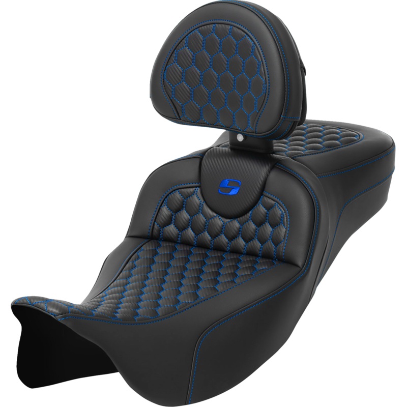 SADDLEMEN RoadSofa* Seat – Honeycomb – Blue Stitch – with Backrest – Extended Reach – LH/FLT ’08-’23 A808-07R-190BLU