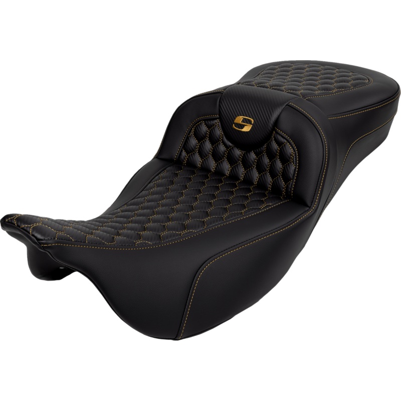 SADDLEMEN RoadSofa* Seat – Honeycomb – Gold Stitch – Extended Reach – without Backrest – FLH/FLT ’08-’23 A808-07B-190GOL