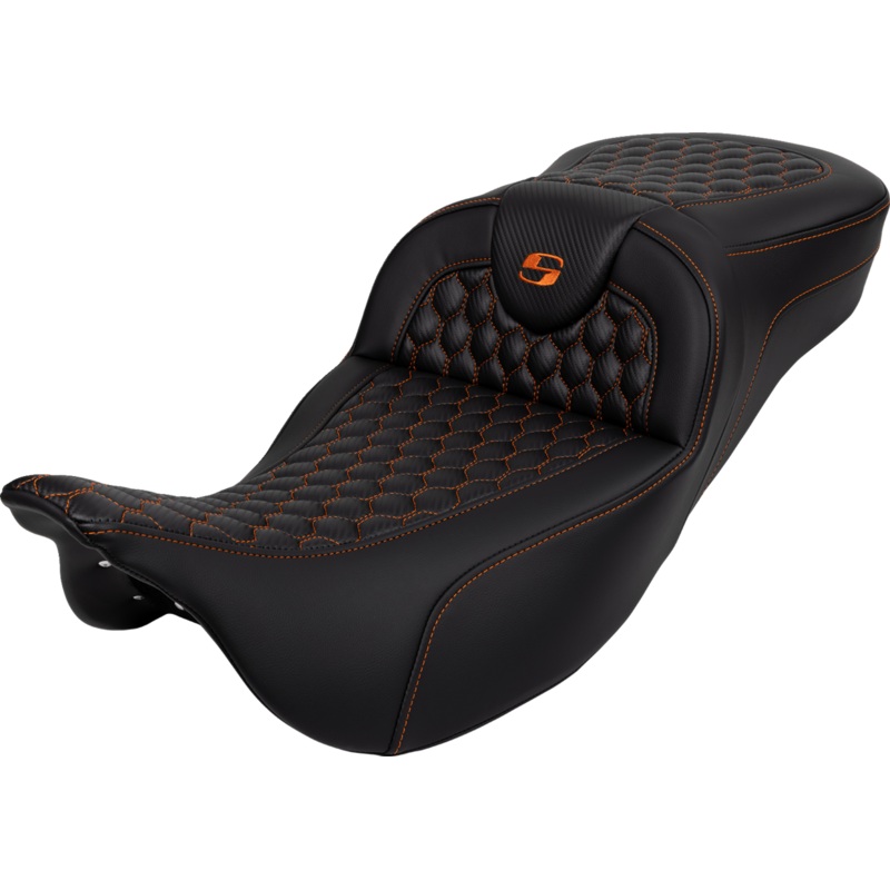 SADDLEMEN RoadSofa* Seat – Honeycomb – Orange Stitch – Extended Reach – without Backrest – FLH/FLT ’08-’23 A808-07B-190ORA