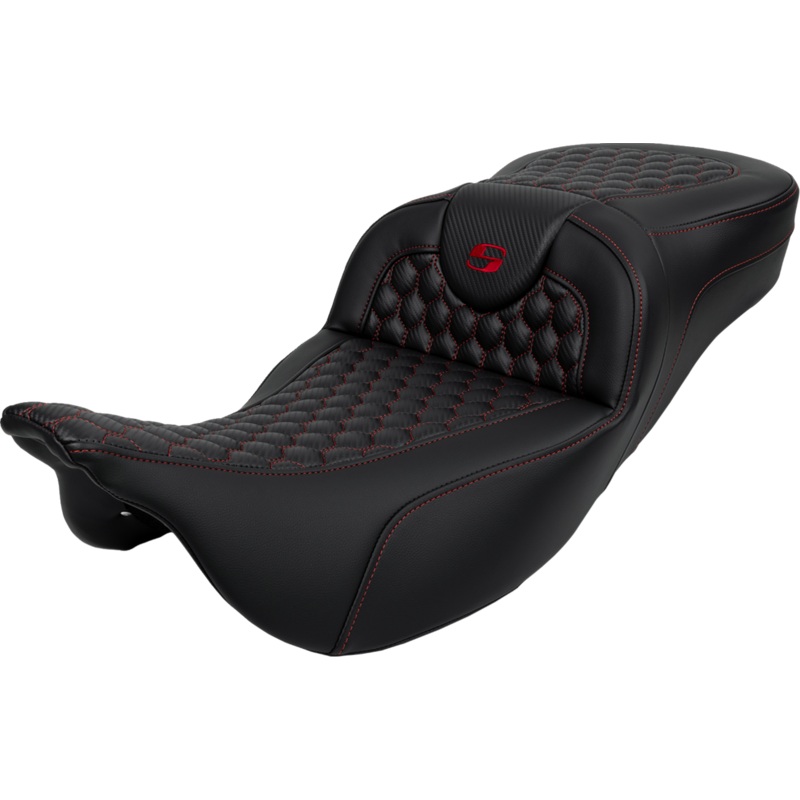 SADDLEMEN RoadSofa* Seat – Honeycomb – Red Stitch – Extended Reach – without Backrest – FLH/FLT ’08-’23 A808-07B-190RED