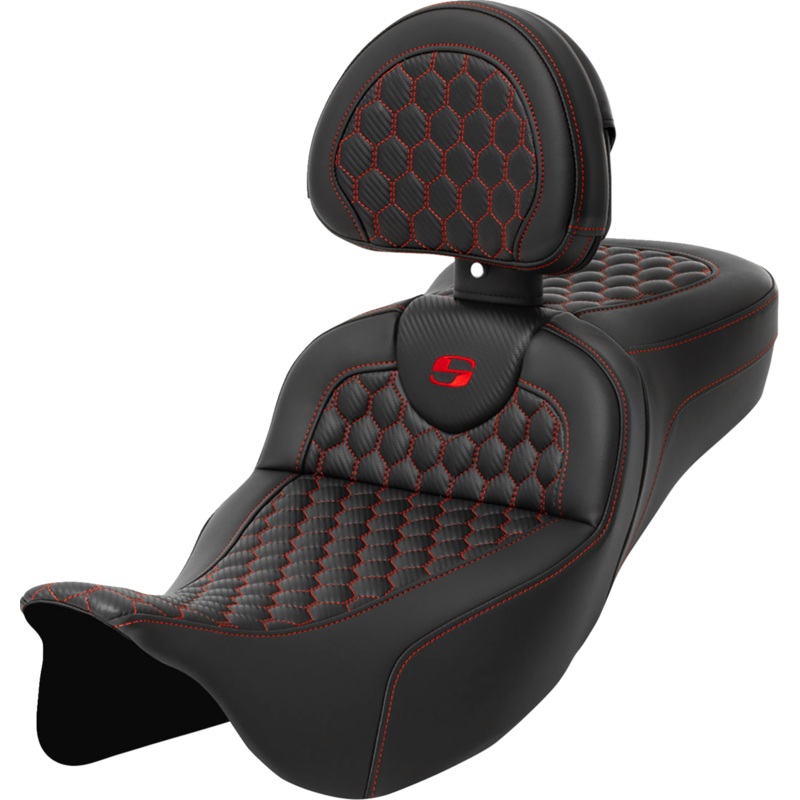 SADDLEMEN RoadSofa* Seat – Honeycomb – Red Stitch – with Backrest – Extended Reach – FLH/FLT ’08-’23 A808-07R-190RED