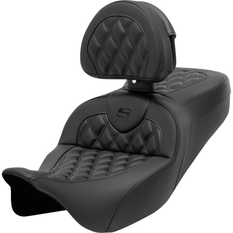 SADDLEMEN Roadsofa* Seat – with Backrest – Lattice Stitch – Carbon Fiber – FL ’08-’23 808-07CF-182BR