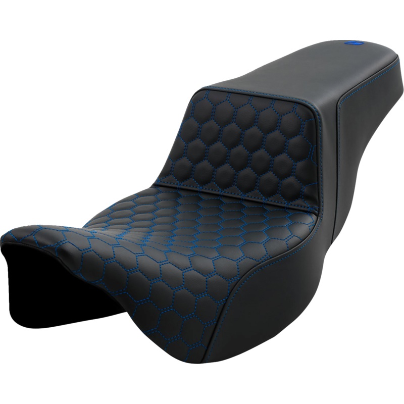 SADDLEMEN Step-Up Seat – Honeycomb – Extended Reach – Blue Stitching – FL ’08-’23 A808-07B-178BLU