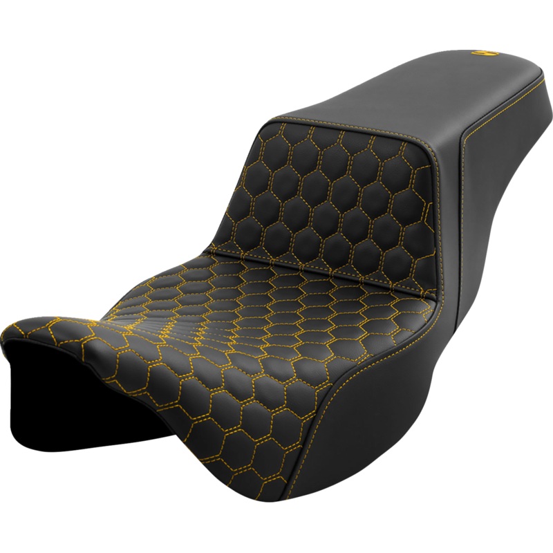 SADDLEMEN Step-Up Seat – Honeycomb – Extended Reach – Gold Stitching – FL ’08-’23 A808-07B-178GOL