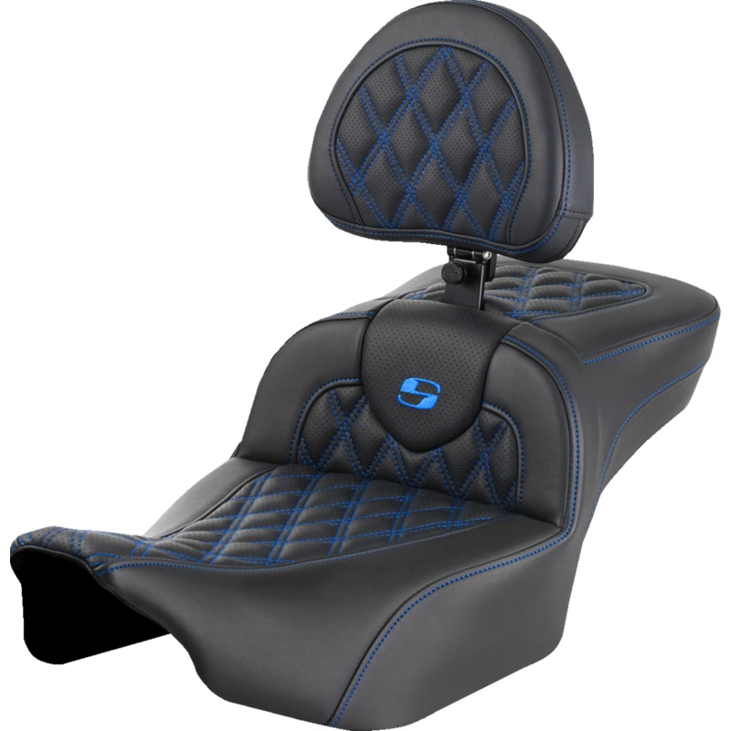 SADDLEMEN Roadsofa* Extended Reach Seat – with Backrest – Lattice Stitch – Blue Stitch – FLTR/FLHX ’23-’24 823-07-184B1