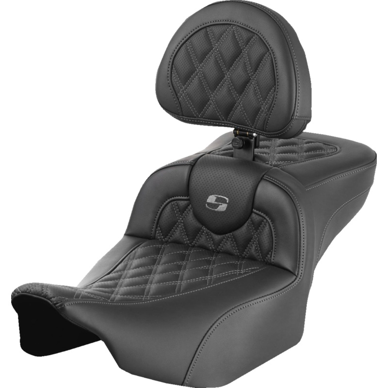 SADDLEMEN Roadsofa* Extended Reach Seat – with Backrest – Lattice Stitch – Gray Stitch – FLTR/FLHX ’23-’24 823-07-184B2