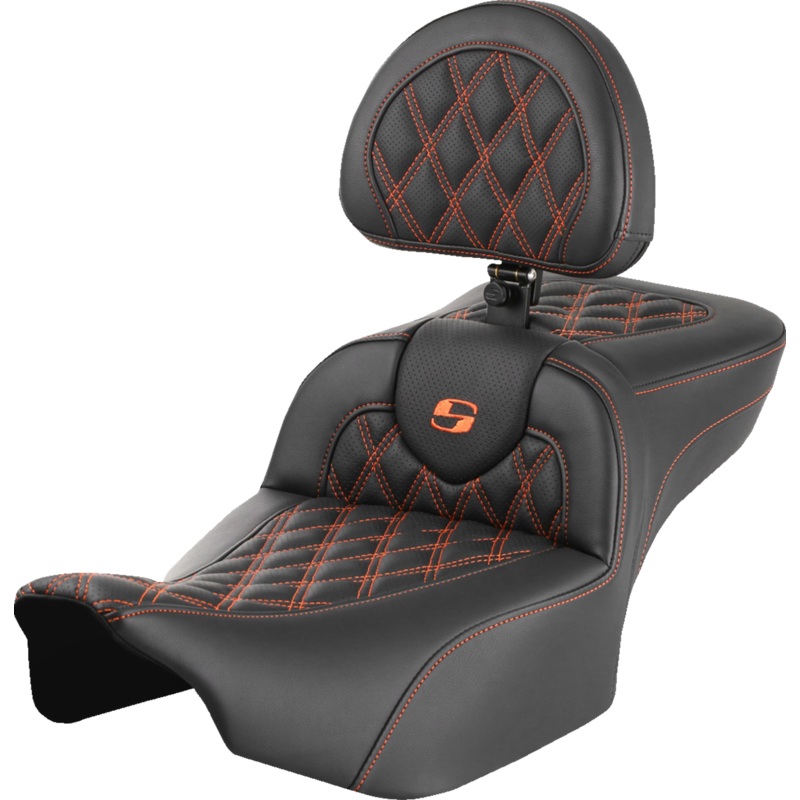 SADDLEMEN Roadsofa* Extended Reach Seat – with Backrest – Lattice Stitch – Orange Stitch – FLTR/FLHX ’23-’24 823-07-184B3