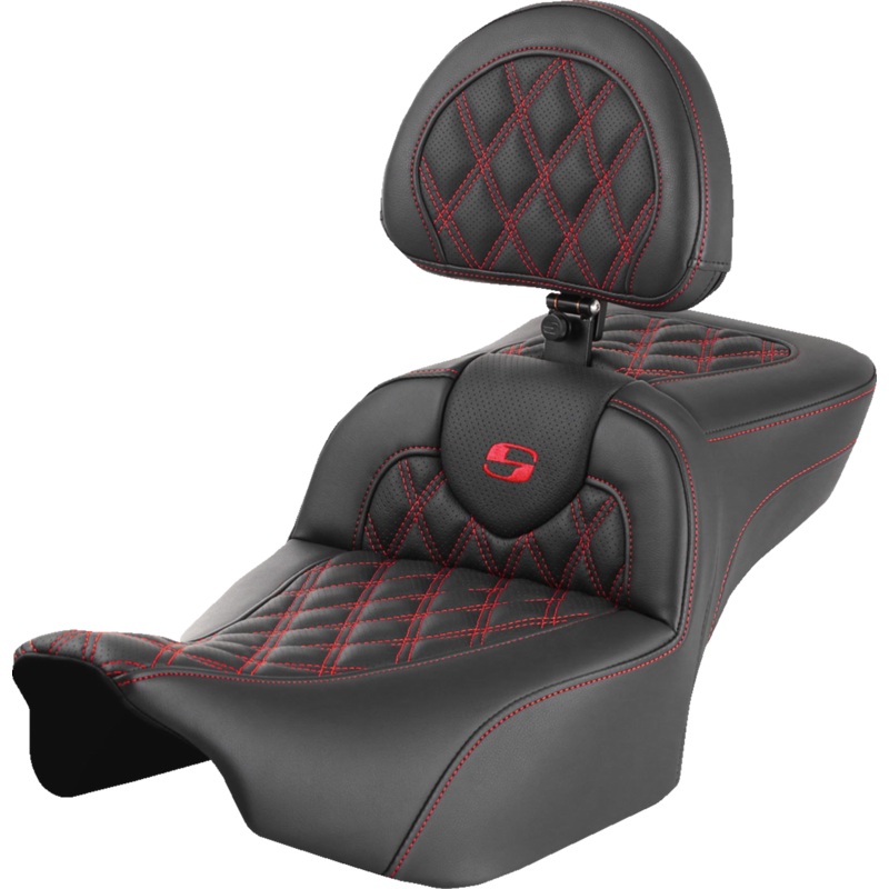 SADDLEMEN Roadsofa* Extended Reach Seat – with Backrest – Lattice Stitch – Red Stitch – FLTR/FLHX ’23-’24 823-07-184B4