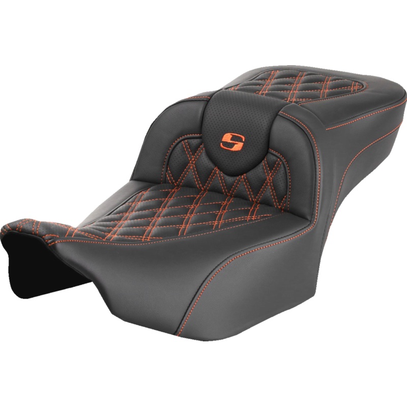 SADDLEMEN Roadsofa* Extended Reach Seat – without Backrest – Lattice – Orange Stitch – FLTR/FLHX ’23-’24 823-07-18403