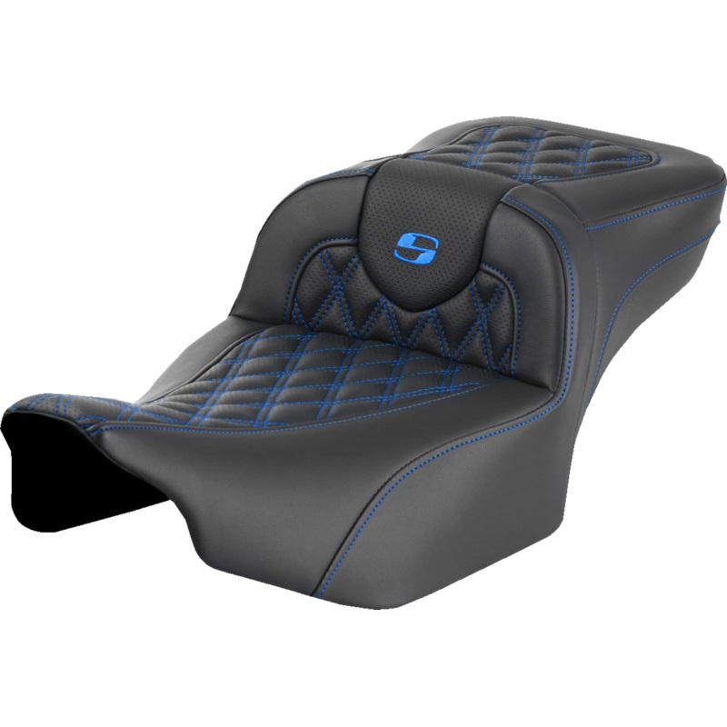 SADDLEMEN Roadsofa* Extended Reach Seat – without Backrest – Lattice Stitch – Blue Stitch – FLTR/FLHX ’23-’24 823-07-18401