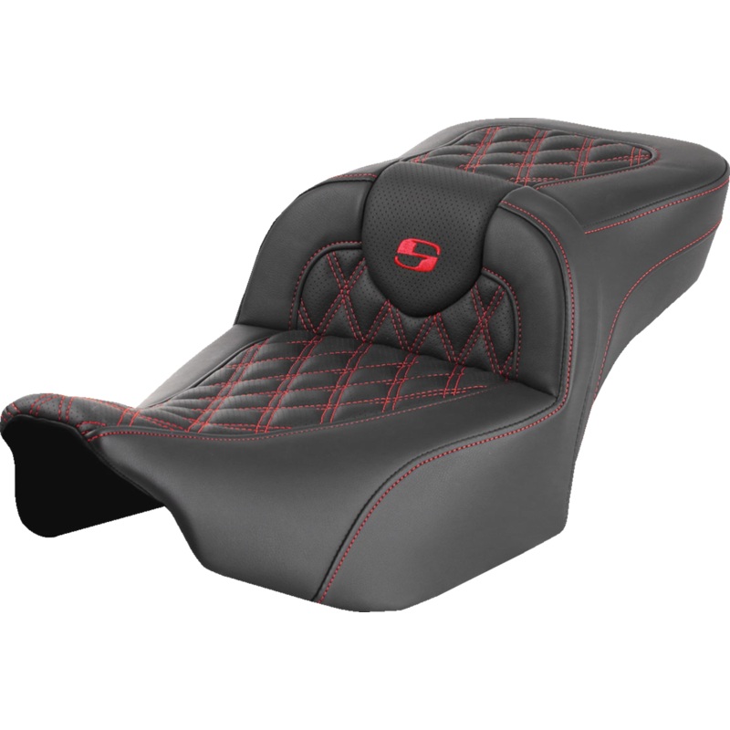 SADDLEMEN Roadsofa* Extended Reach Seat – without Backrest – Lattice Stitch – Red Stitch – FLTR/FLHX ’23-’24 823-07-18404