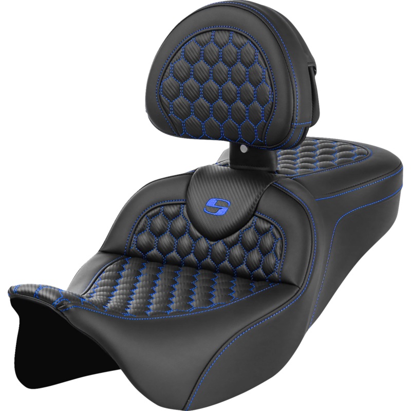 SADDLEMEN RoadSofa* Seat – Honeycomb – Blue Stitch – with Backrest – FLH/FLT ’08-’23 A808-07R-189BLU