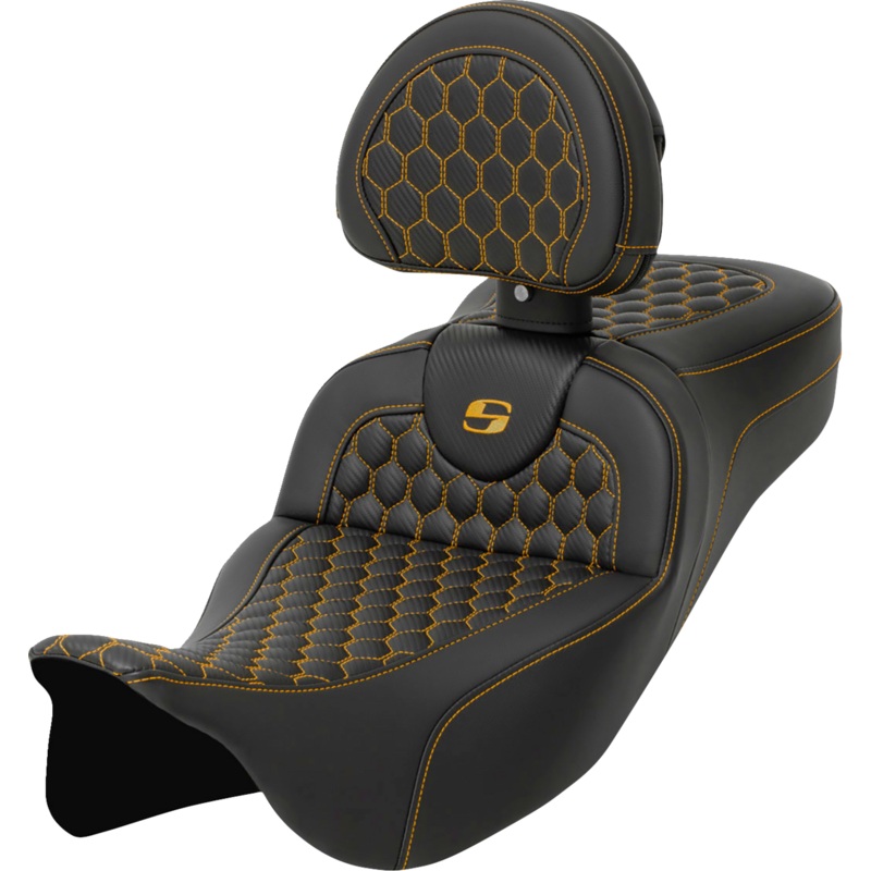 SADDLEMEN RoadSofa* Seat – Honeycomb – Gold Stitch – with Backrest – Extended Reach – FLH/FLT ’08-’23 A808-07R-190GOL