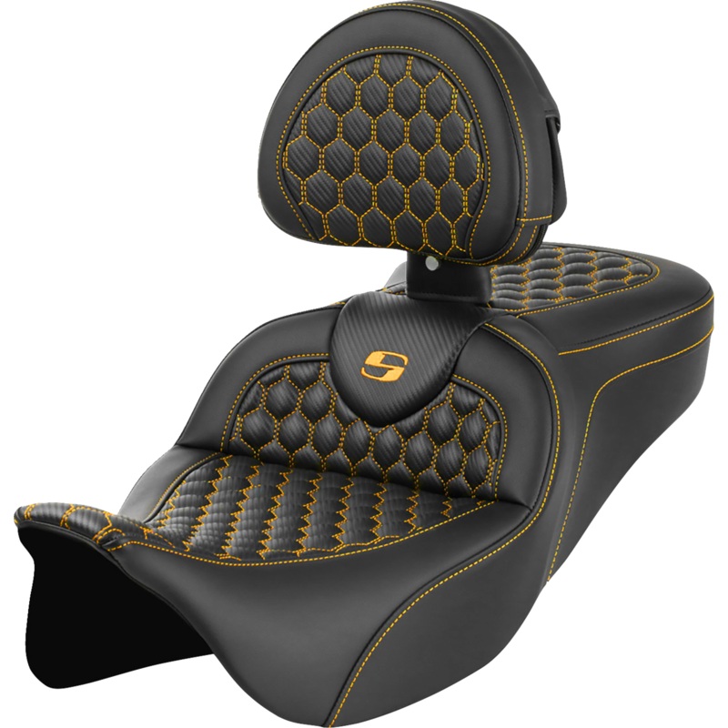 SADDLEMEN RoadSofa* Seat – Honeycomb – Gold Stitch – with Backrest – FLH/FLT ’08-’23 A808-07R-189GOL