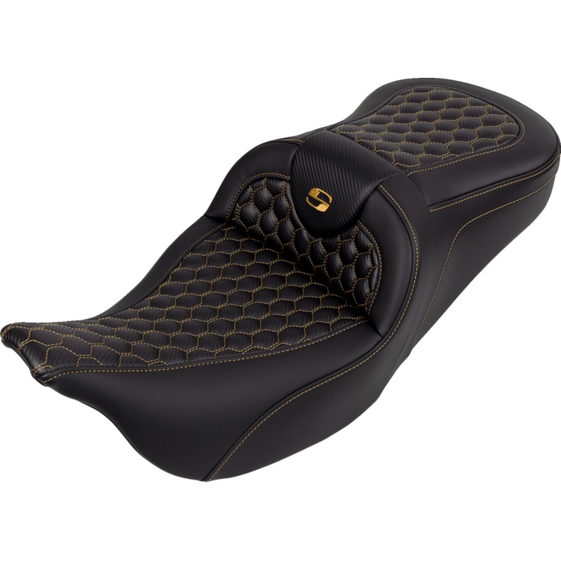 SADDLEMEN RoadSofa* Seat – Honeycomb – Gold Stitch – without Backrest – FLH/FLT ’08-’23 A808-07B-189GOL