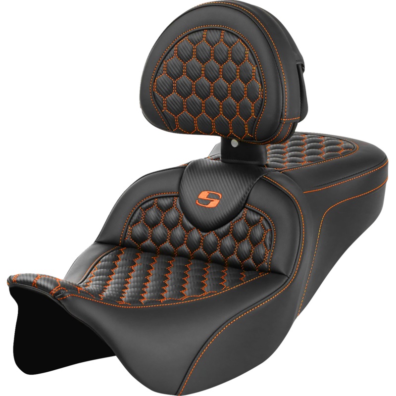 SADDLEMEN RoadSofa* Seat – Honeycomb – Orange Stitch – with Backrest – FLH/FLT ’08-’23 A808-07R-189ORA