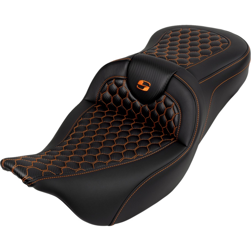 SADDLEMEN RoadSofa* Seat – Honeycomb – Orange Stitch – without Backrest – FLH/FLT ’08-’23 A808-07B-189ORA