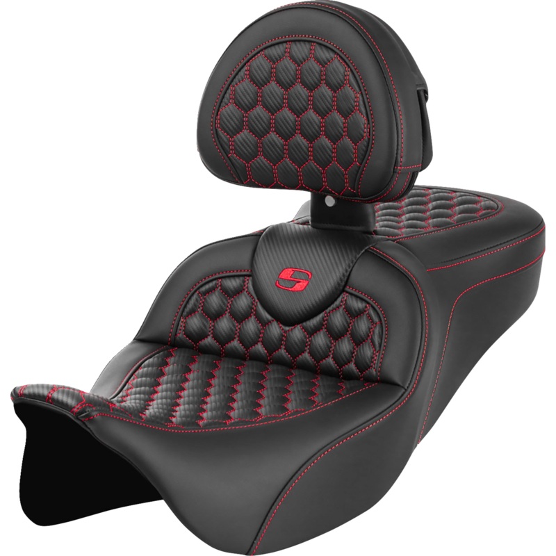 SADDLEMEN RoadSofa* Seat – Honeycomb – Red Stitch – with Backrest – FLH/FLT ’08-’23 A808-07R-189RED