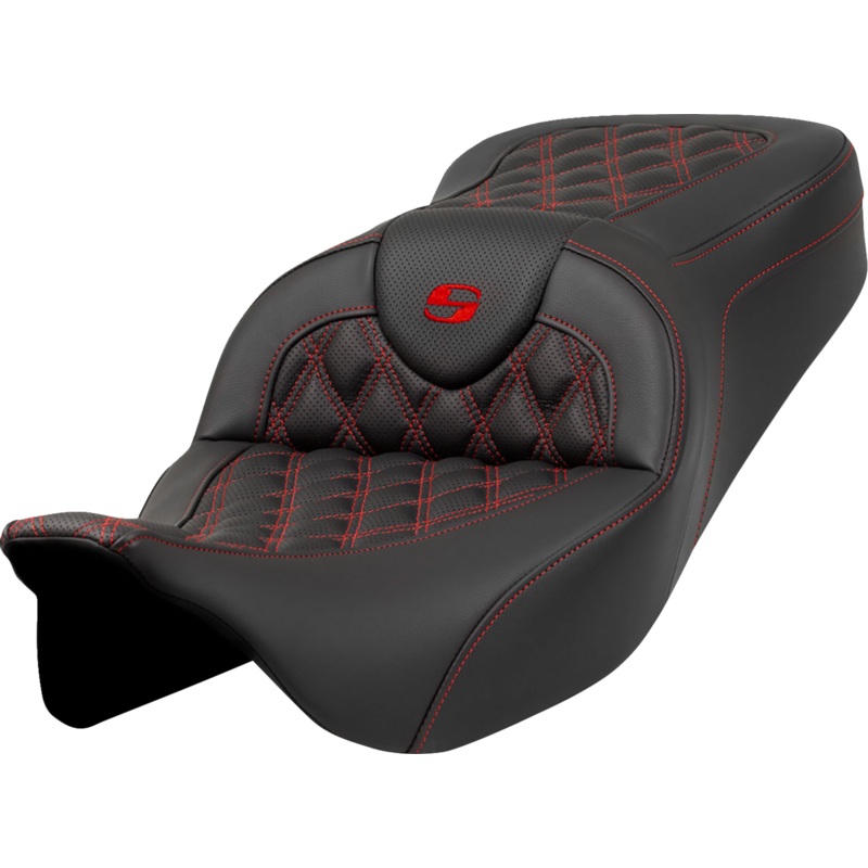 SADDLEMEN Roadsofa* Seat – Lattice Stitch – Red Stitch – without Backrest – FLH/FLT ’08-’23 A808-07B-182RED