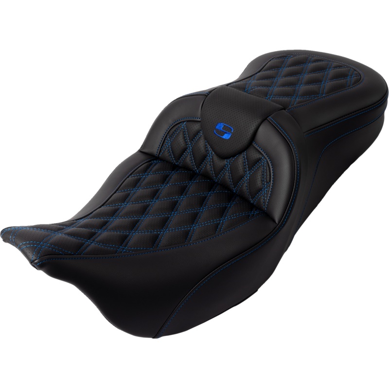 SADDLEMEN Roadsofa* Seat – with Backrest – Blue Stitch – FL ’08-’23 A808-07R-182BLU
