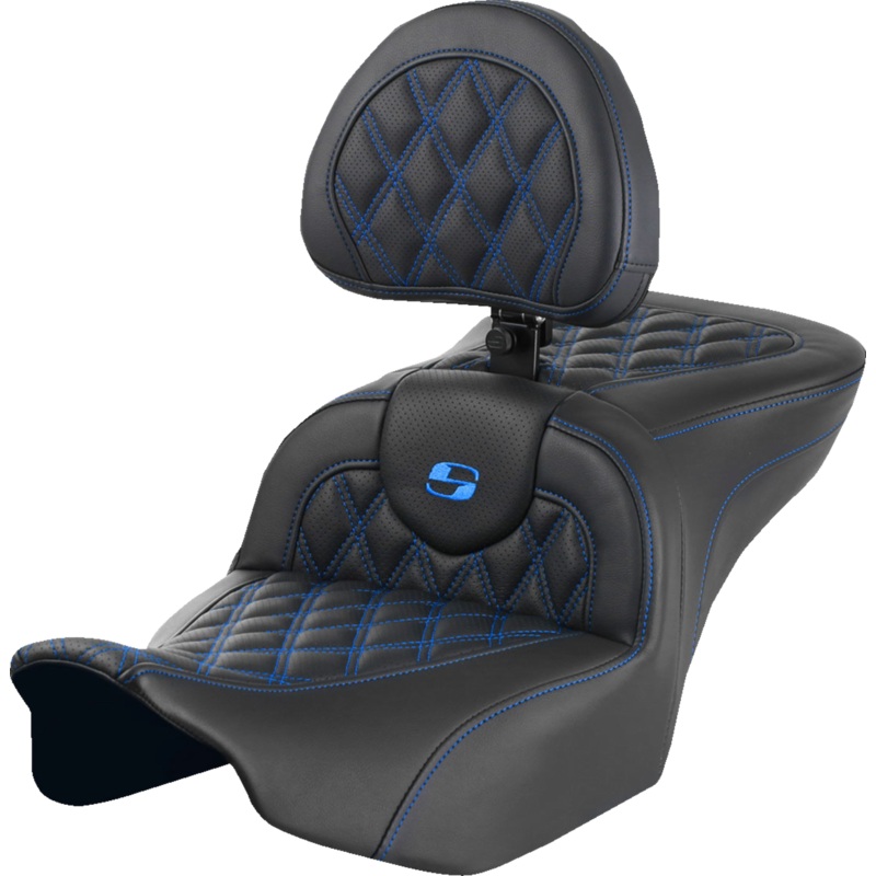 SADDLEMEN RoadSofa* Seat – with Backrest – Lattice Stitch – Blue Stitch – FLTR/FLHX ’23-’24 823-07-182B1