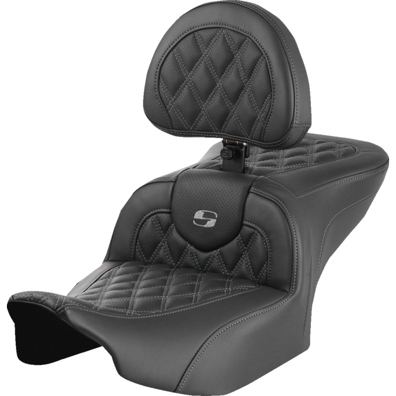 SADDLEMEN RoadSofa* Seat – with Backrest – Lattice Stitch – Gray Stitch – FLTR/FLHX ’23-’24 823-07-182B2
