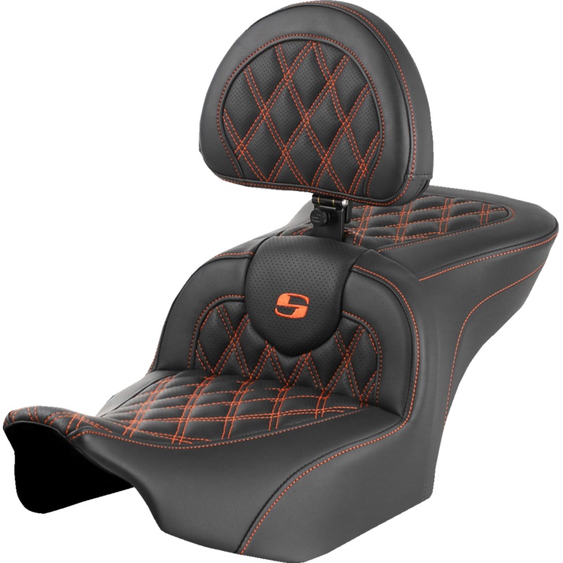 SADDLEMEN RoadSofa* Seat – with Backrest – Lattice Stitch – Orange Stitch – FLTR/FLHX ’23-’24 823-07-182B3