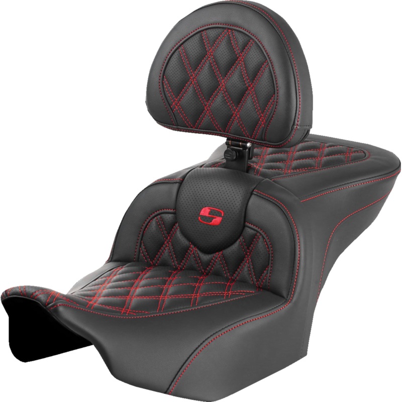 SADDLEMEN RoadSofa* Seat – with Backrest – Lattice Stitch – Red Stitch – FLTR/FLHX ’23-’24 823-07-182B4