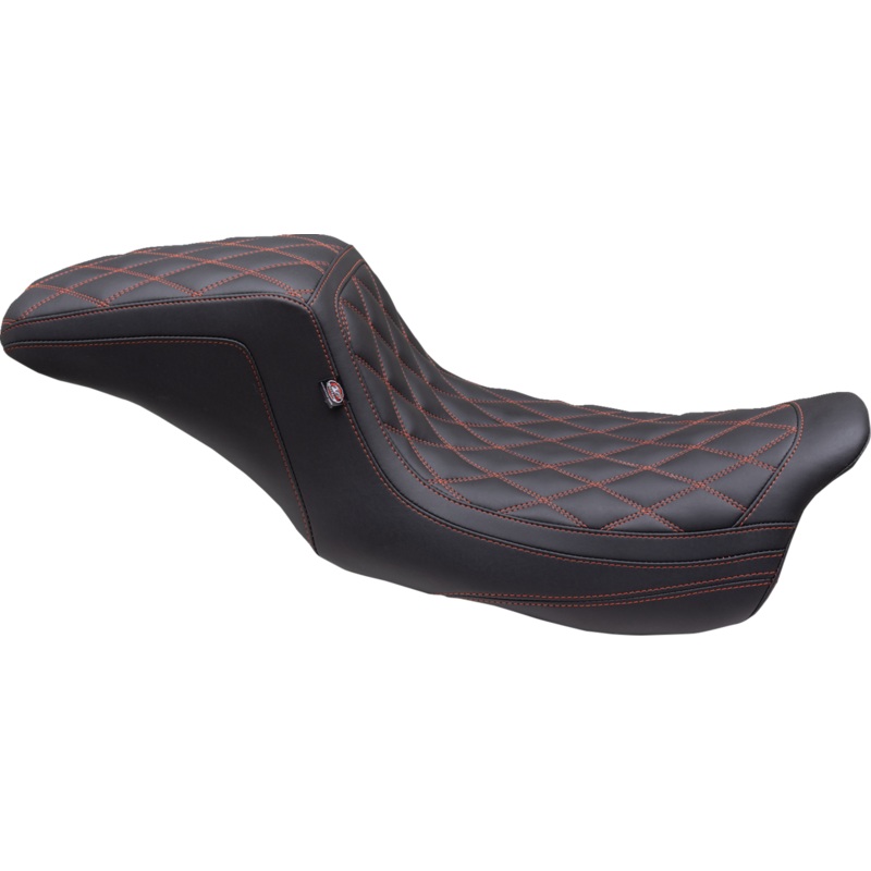 MUSTANG One Piece 2-Up Squareback Seat – Double Diamond – American Beauty Red/Orange Stitch – FL ’08-’24 75299AB