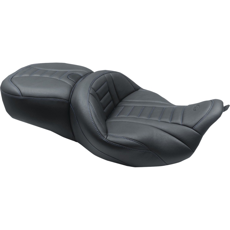 MUSTANG One-Piece Deluxe Touring Seat – Black w/ Sky Blue Stitching 79006SB