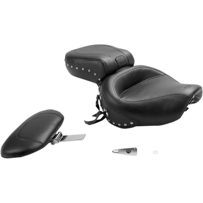 MUSTANG Seat – Wide Touring – With Driver Backrest – One-Piece – Chrome Studded – Black w/Conchos 79237