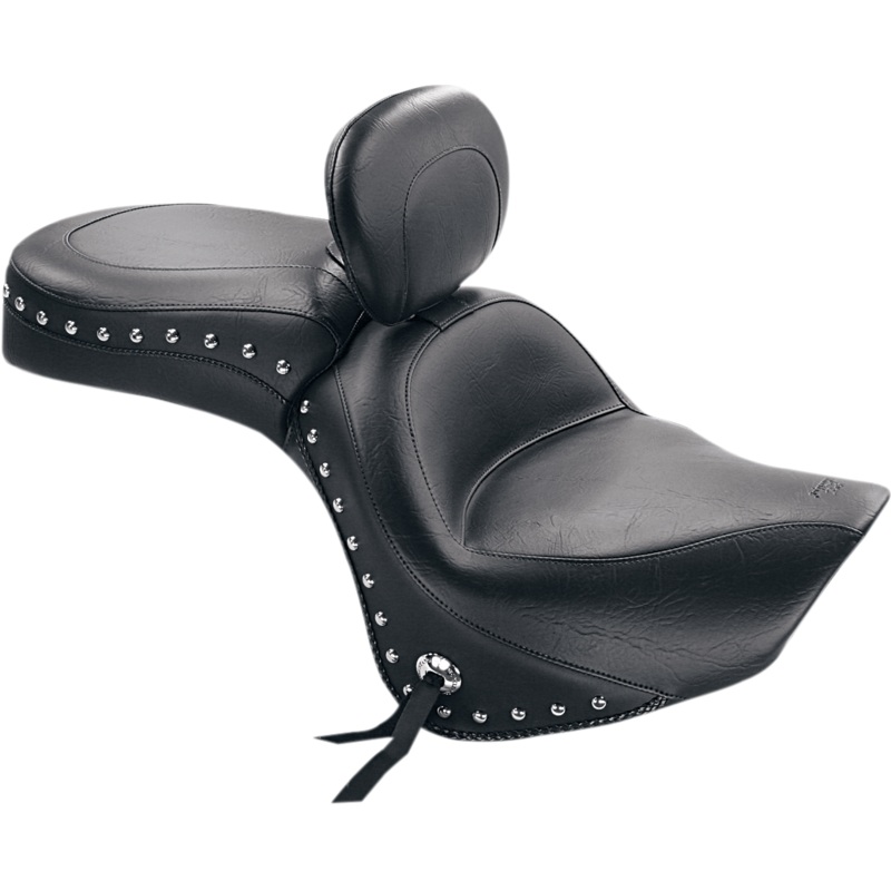 MUSTANG Seat – Wide Touring – With Driver Backrest – One-Piece – Chrome Studded – Black w/Conchos 79416