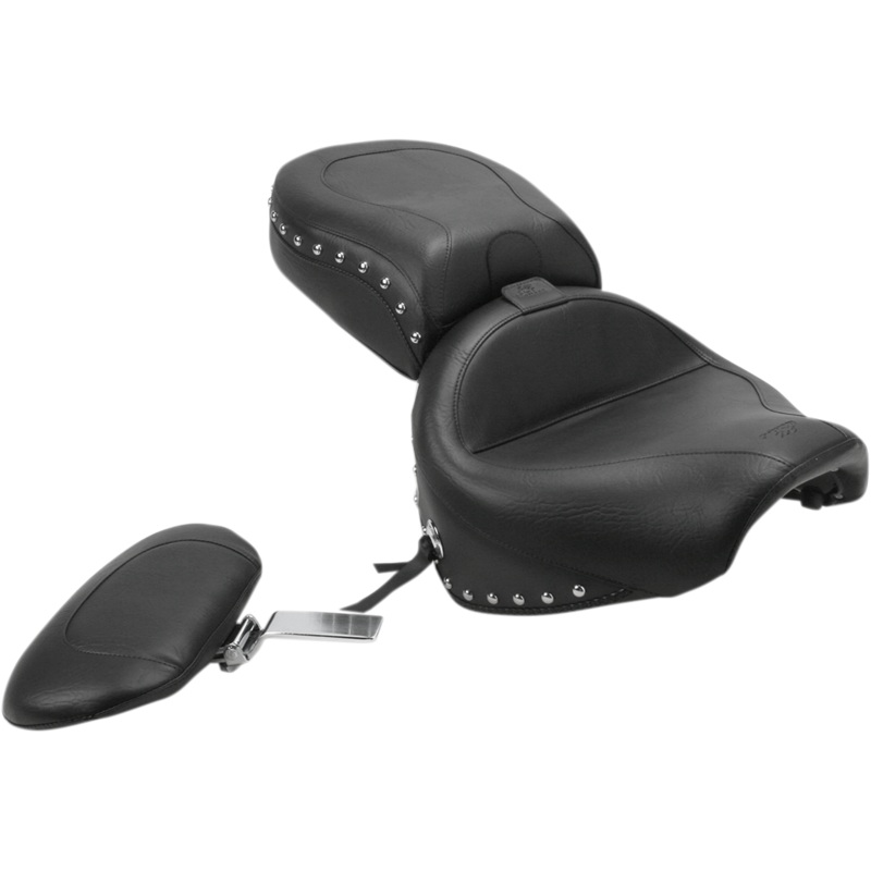 MUSTANG Seat – Wide Touring – With Driver Backrest – Two-Piece – Chrome Studded – Black w/Conchos 79190