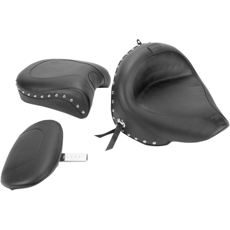 MUSTANG Seat – Wide Touring – With Driver Backrest – Two-Piece – Chrome Studded – Black w/Conchos 79240
