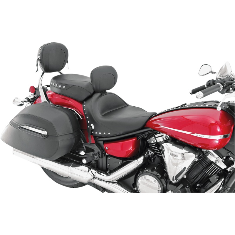 MUSTANG Seat – Wide Touring – With Driver Backrest – Two-Piece – Chrome Studded – Black w/Conchos 79476