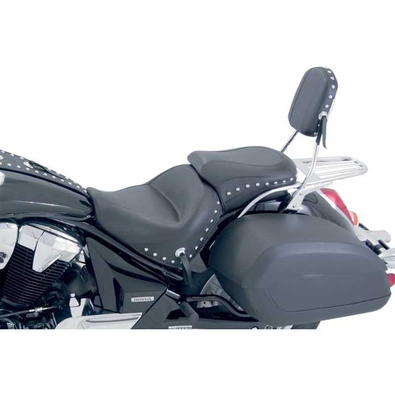 MUSTANG Seat – Wide – Touring – Without Backrest – One-Piece – Chrome Studded – Black w/Conchos 76640