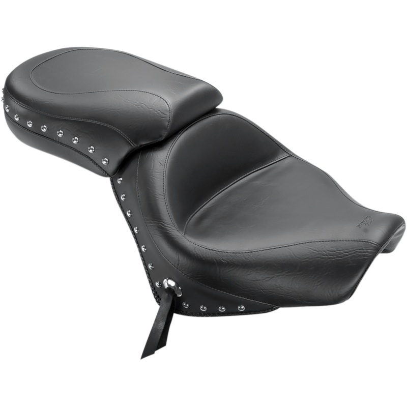 MUSTANG Seat – Wide – Touring – Without Backrest – Two-Piece – Chrome Studded – Black w/Conchos – Spirit 750 76160