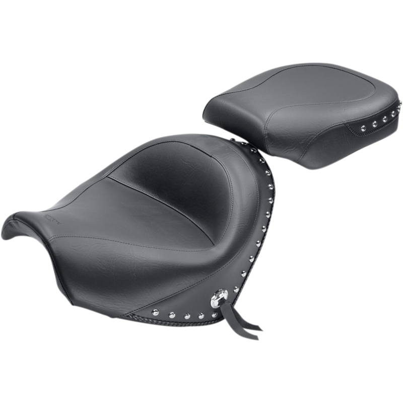 MUSTANG Seat – Wide – Touring – Without Backrest – Two-Piece – Chrome Studded – Black w/Conchos – Suzuki 76060