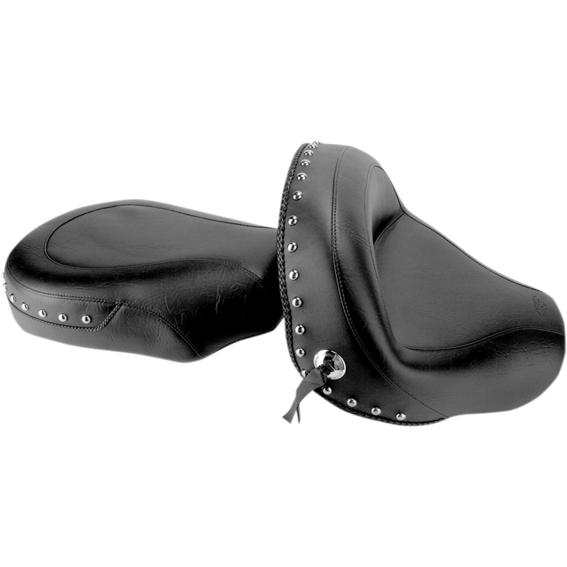 MUSTANG Seat – Wide – Touring – Without Backrest – Two-Piece – Chrome Studded – Black w/Conchos – VStar 950 76070
