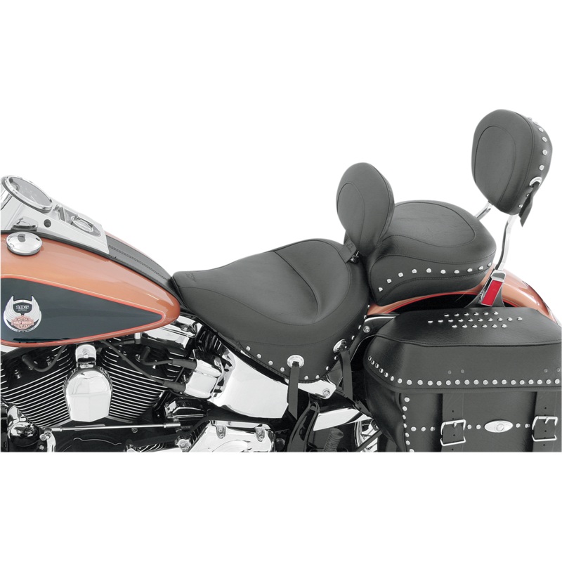 MUSTANG Wide Solo Seat – With Backrest – Black – Studded w/ Concho – FLST ’00-’15 79485