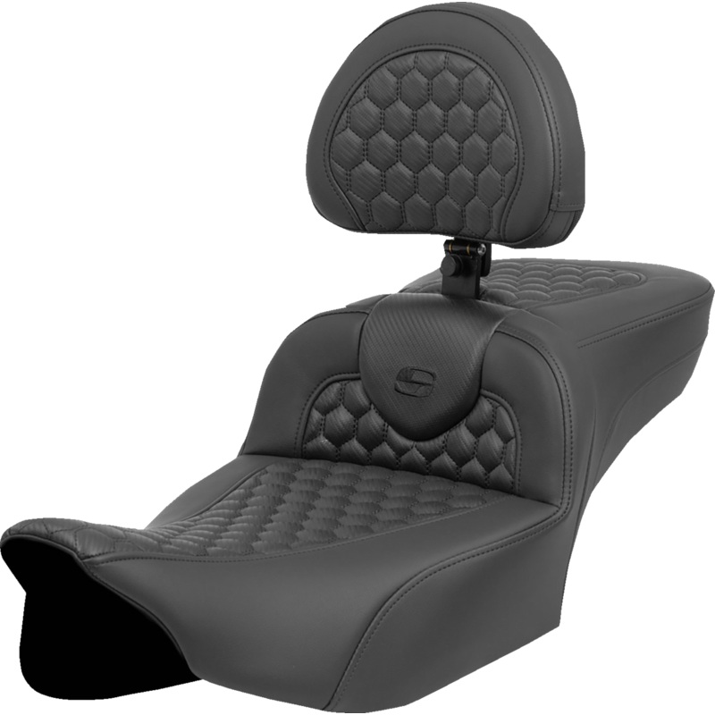 SADDLEMEN Heated RoadSofa* Seat – Extended Reach – Honeycomb Stitch – w/ Backrest – FLT/FLH *23-*24 823-07-190C0